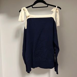 J Crew M Navy and White off the shoulder sweater with tie-knot straps
